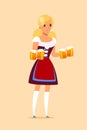 Waitress carrying beer mugs in pub vector illustration