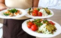 Waitress carrying plates with pickles and snacks in restaurant Royalty Free Stock Photo