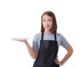 Waitress, delivery woman or Servicewoman in Gray shirt and apron isolated on white background