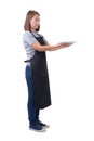 Waitress, delivery woman or Servicewoman in Gray shirt and apron isolated on white background
