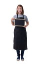 Waitress, delivery woman or Servicewoman in Gray shirt and apron isolated on white background