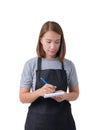 Waitress, delivery woman or Servicewoman in Gray shirt and apron isolated on white background