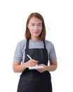 Waitress, delivery woman or Servicewoman in Gray shirt and apron isolated on white background
