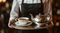 Waitress elegantly serving tea on a silver tray with a teapot and cup in a cozy caf setting Royalty Free Stock Photo