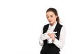 Waitress in formal wear looking at white gloves isolated on white