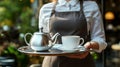 Waitress gracefully serving a steaming cup of tea with a teapot on a silver tray in a cozy caf Royalty Free Stock Photo