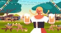 Waitress holding beer mugs Oktoberfest party celebration concept woman in traditional clothes having fun Royalty Free Stock Photo