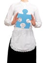 Waitress holding a blue puzzle piece Royalty Free Stock Photo