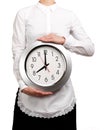Waitress holding a clock