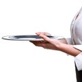 Waitress holding a silver tray isolated on white. Royalty Free Stock Photo