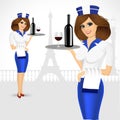 Waitress holding tray with bottle of wine