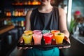 Waitress holding a tray with colourful refreshing cold cocktails. Generative AI