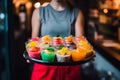 Waitress holding a tray with colourful refreshing cold cocktails. Generative AI