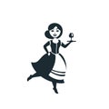 Waitress holding tray with glass of red wine. Full length Waitress serving customers. Cartoon flat style illustration