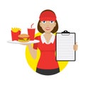 Waitress holds tray and shows menu Royalty Free Stock Photo