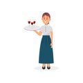 Waitress of hotel restaurant. Young girl holding tray with glasses of wine. Colorful flat vector design