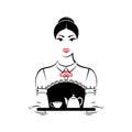 Waitress or maid holding a tray with a cup of coffee or tea and a teapot or coffee pot Royalty Free Stock Photo