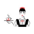 Waitress or maid with tray and a cup of coffee or a cup of tea Royalty Free Stock Photo