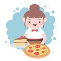 Waitress with pizza and piece ckae in dish cartoon character