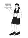 Waitress restaurant black and white cartoon flat illustration