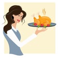 The waitress serves a roast turkey on a tray. Woman holding a plate with a festive dinner for Thanksgiving. Vector