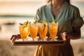 Seashore Cocktail Party: Beach Waitress Serving Refreshing Drinks, generative AI