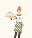 Waitress serving dish flat vector illustration. Young female waiter wearing apron and holding tray with lid cartoon