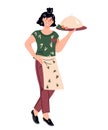 Waitress serving food in fast food restaurant or cafe, cartoon flat vector illustration isolated