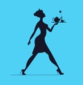 Waitress silhouette on a blue background. Slender girl carrying