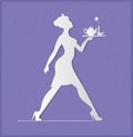 Waitress silhouette on a blue background. Slender girl carrying Royalty Free Stock Photo