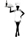 Waitress silhouette in chef hat holds serving tray Royalty Free Stock Photo