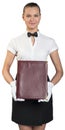 Waitress with smile in white gloves holding folder