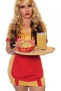 Waitress With Tortilla Chips and Beer on Serving Tray, White Background Royalty Free Stock Photo