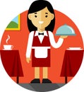 Waitress with tray on restaurant background in flat style