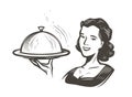 Waitress with a tray. Restaurant, food concept sketch vintage vector illustration