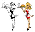 Waitress woman holding food tray with burger, fries and drink cartoon vector illustration