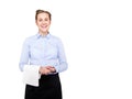 Waitress woman smiling over white background isolated. Blond