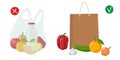 Waiver of plastic bags. Choose an eco-friendly bag. Two shopping bags with food. Choosing between environmental and