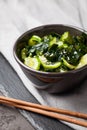 Wakame salad raw seaweed with cucumber slices and sesame in bowl on dark gray background close-up Royalty Free Stock Photo