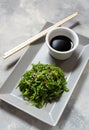 Wakame seaweed salad with sesame seeds and chili pepper in a bowl on concrete background Royalty Free Stock Photo