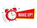 Wake up alarm clock icon with red ribbon. Vctor illustration on a white background