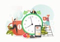 Wake up alarm clock, tiny characters sleeping, awaking, drinking coffee, vector flat illustration