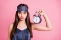 Wake up call. Close-up portrait of her she nice-looking attractive lovely groomed shine mad sad gloomy straight-haired Royalty Free Stock Photo