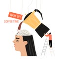 Wake up and coffee time concept. Surrealistic vector illustration with a man pouring coffee into a gigantic head Royalty Free Stock Photo