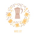 Wake up concept with coffee pot, set of cups and coffee beans Royalty Free Stock Photo