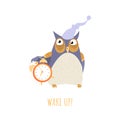 Wake up concept with a cute cartoon owl in a nightcap and with an alarm clock isolated on white background