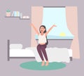 Wake up early concept. Happy girl get out of bed in morning. Flat illustration on white background