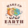 Wake up Earth groovy retro cartoon characters greeting card. Happy planet with alarm clock friends smiling label