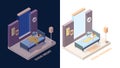 Wake up girl. Joyful happy woman in bed sleep in night and stretching hands in morning vector wake up isometric people