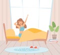 Wake up girl. Woman in bed yawning. Sunny morning, start good day vector illustration